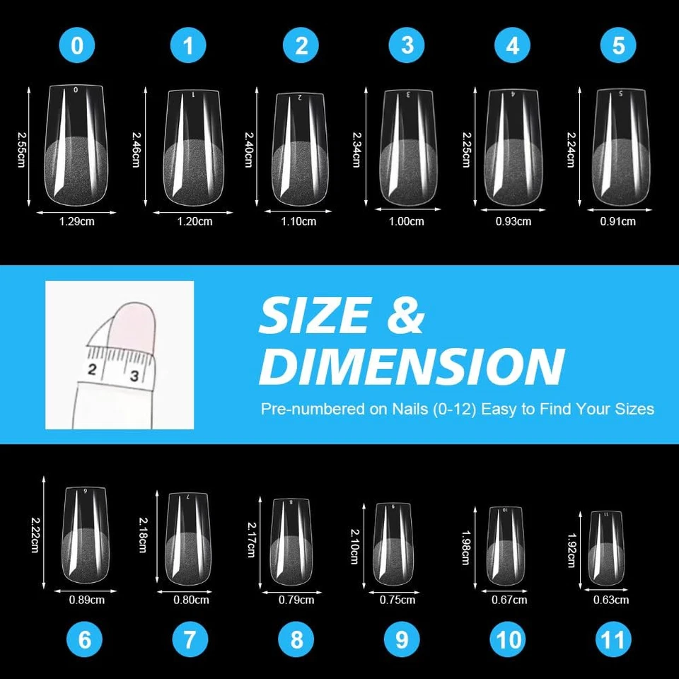 Tip Unghie, 600 Pezzi Quadrate Unghie Finte, 12 Taglie Tip Unghie Ricostruzione, - Immagine 2 di 4