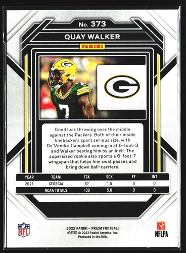 Quay Walker 2022 Panini Prizm Rookie RC Green Bay Packers NFL Card No.373 - Bild 2 von 2