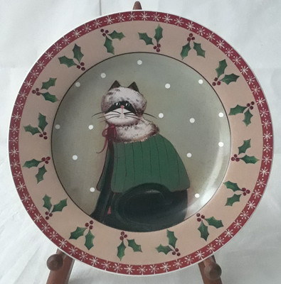Set of 3 Oneida Sakura Holiday Christmas Cozy Cat Stoneware Salad Dessert Plates