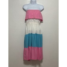 VTG Miz Carol Strapless Tiered Sundress M/L Pink Blue White Summer Vacation 