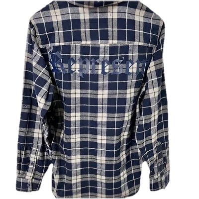 Represent Ltd Men's Sm Plaid Flannel Shirt Navy Gray Embroidery Buttoned Pockets