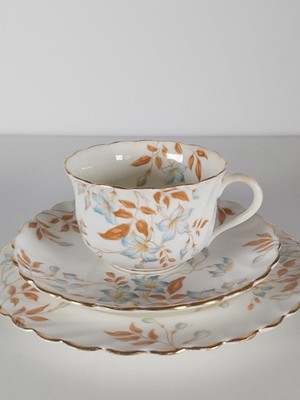 Antike Teetasse, Untertasse, Teeteller & Servierteller mit Blumenmuster