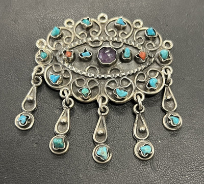 VTG Taxco TS-35 Mexico 925 Silver Pendant/Brooch Turquoise Coral Amethyst 20.9g