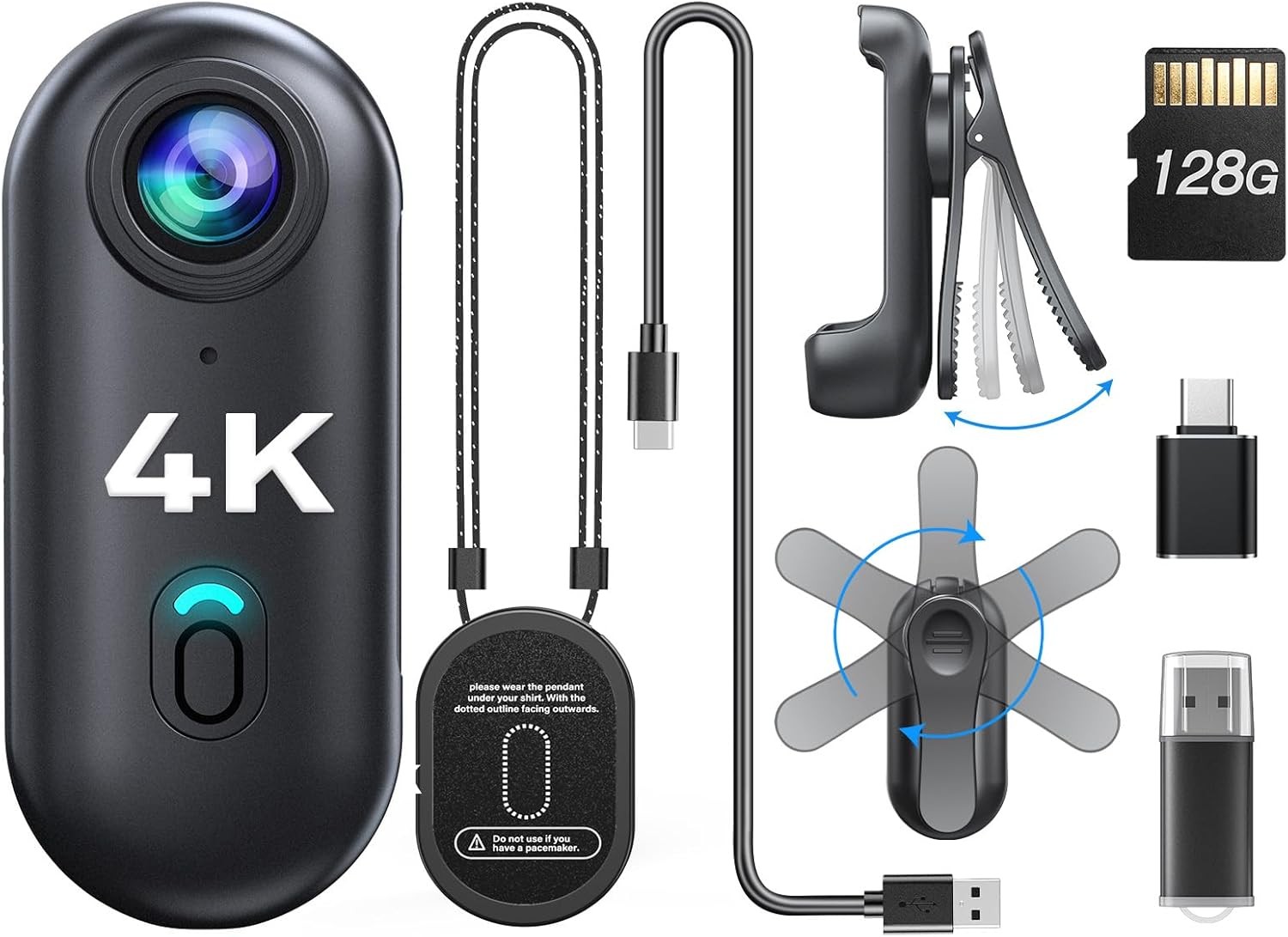 BOBLOV HD 4K Mini Action Camera 128GB Thumb Portable Body Cam 360&deg;Rotatable Clip