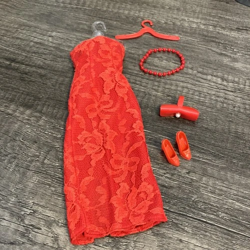Vintage Barbie Size 1960s Outfit Set - Red Lace Sheath Dress & Accessories