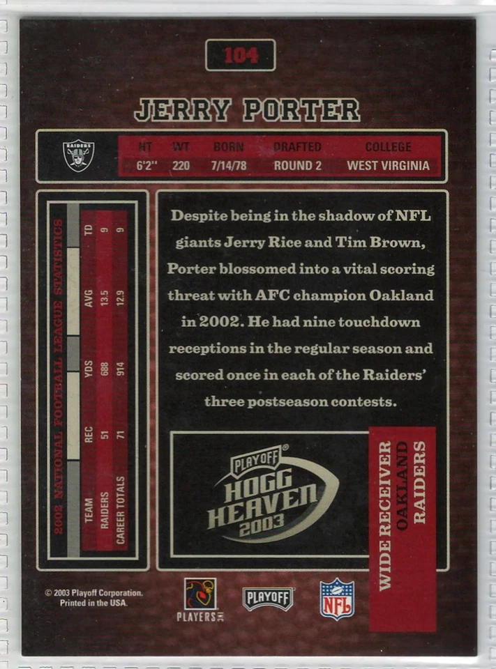 2003 Playoff Hogg Heaven Jerry Porter Oakland Raiders #104 - Image 2 of 2
