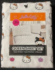 Hello Kitty Sanrio Queen Bed Sheets Pumpkins Black Cats NWT