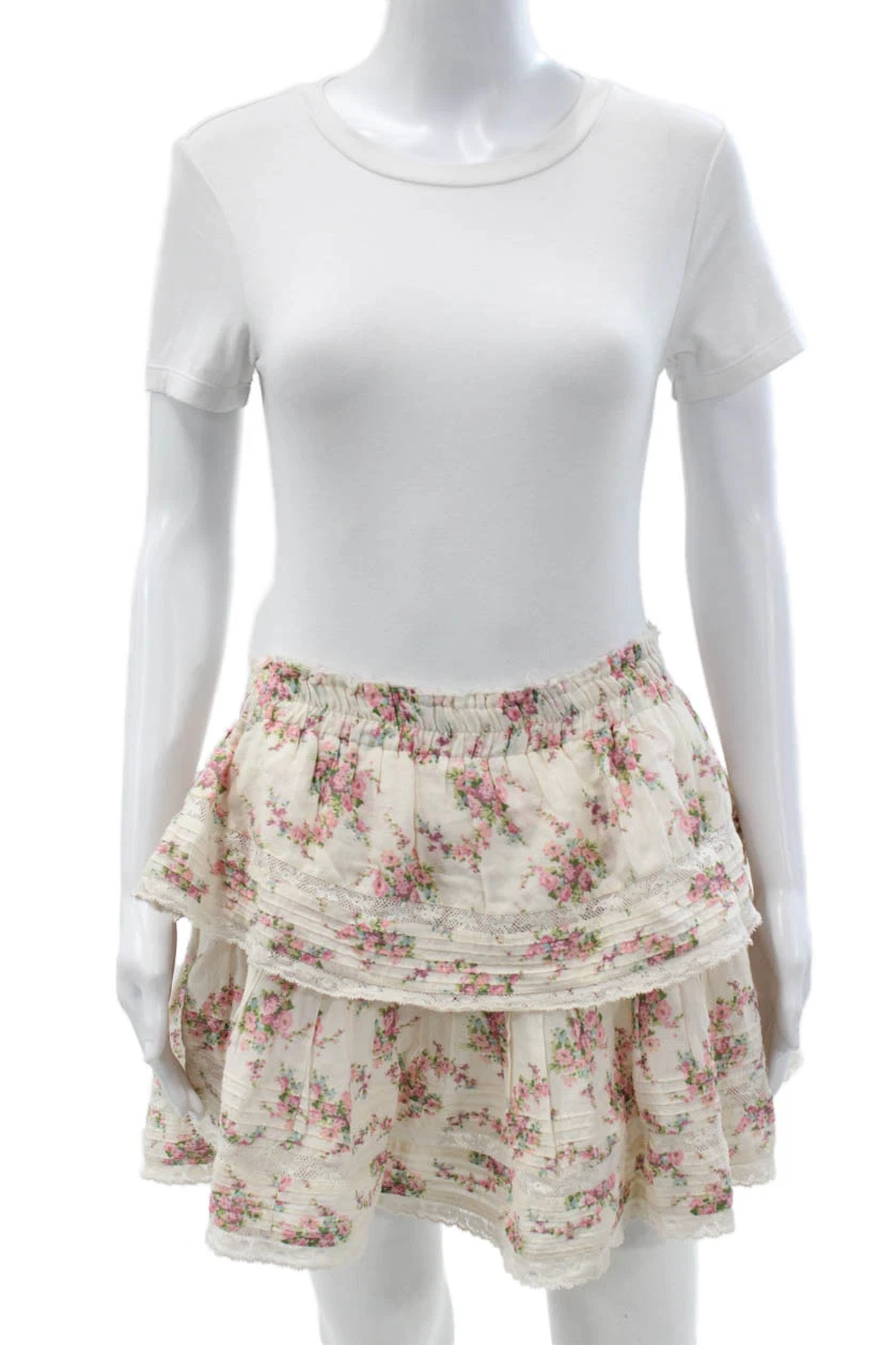 Love Shack Fancy Womens A-Line Ivory Floral Cotton Skirt Short Size L