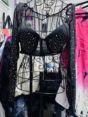 LOVE by DESIGN Black Mesh Rhinestone Cropped Long Sleeve Top Size 1X Plus