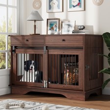 Garvee 47" Double Dog Crate Furniture 2 Drawers Removable Divider Dark Brown