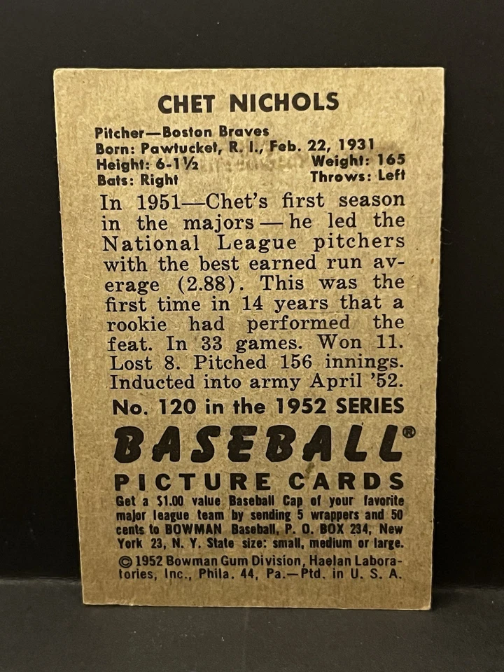 1952 Bowman Mid-hi Grade Set Break #120 Chet Nichols  Ex-mt - Image 2 of 2