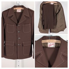 Vintage 70s Mod Disco Rockabilly Poly Suit Contrast Stitching Brown USA 35" XS