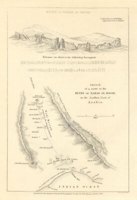 Route zum Nakab (Naqb) al Hajar Ruinen von James Wellsted/RGS. Jemen 1837 Karte