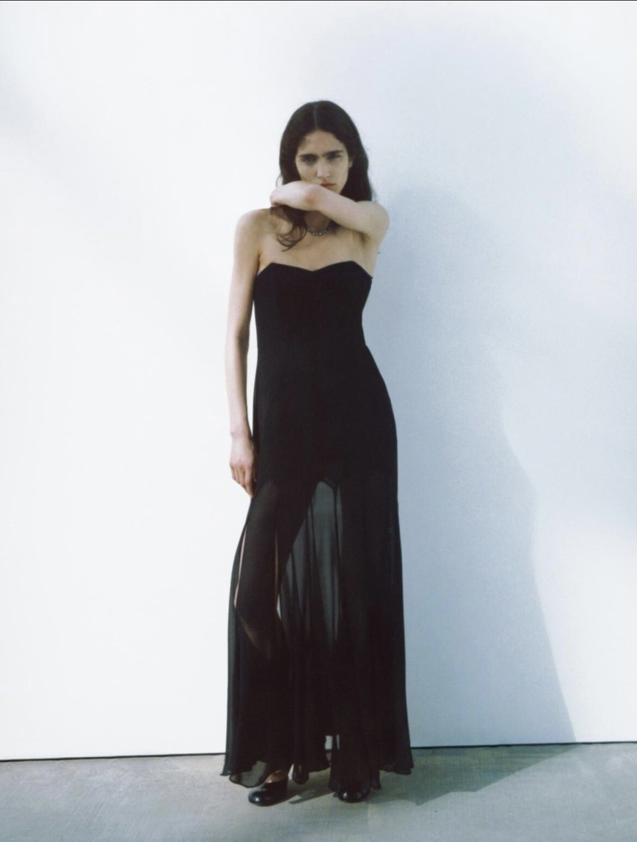 Zara New Womens Semi-Sheer Strapless Black Long Dress. Size Medium