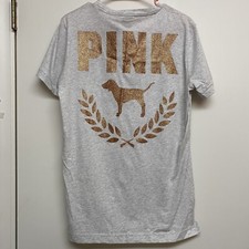 NWT Victoria s Secret Pink gold glitter dog t-shirt gray small