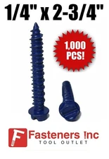 (Qty 1000) 1/4" X 2-3/4" Concrete Masonry Screw Anchors Tapcon Hex Head