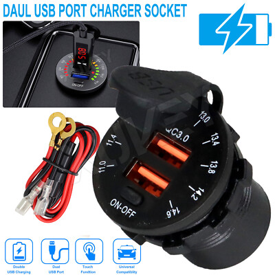12-24V QC3.0 Quick Charge Dual USB Car Charger Waterproof Socket LED Voltmeter