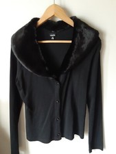 VTG Women's Black Cardigan Sweater Whimsigoth Vampy Faux Fur Collar Drk Purple