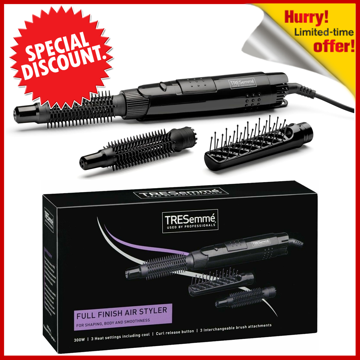 TRESemme 5265TU Full Finish Hot Air Styler Hair Brush with 3 Brush Curl