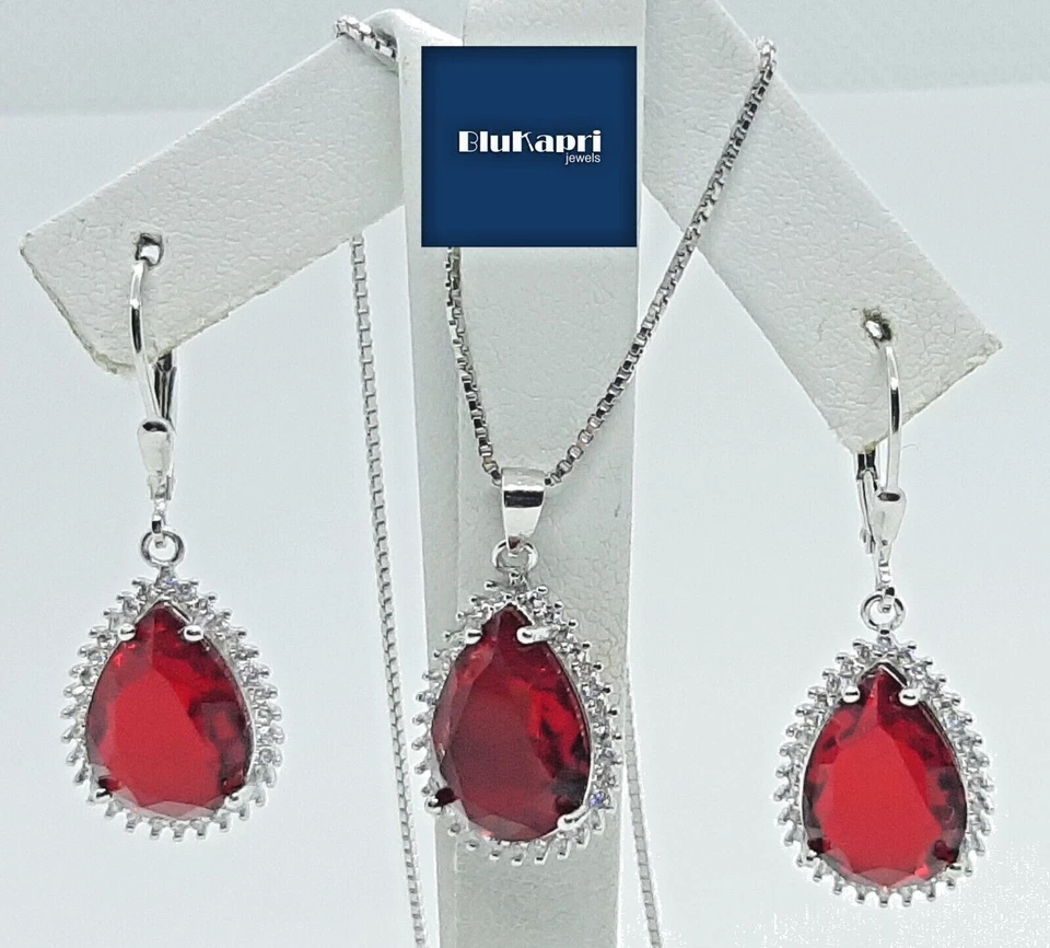 SET DONNA ORECCHINI  CIONDOLO E COLLANA  IN ARGENTO 925 STERLING ZIRCONI RUBINO - Immagine 2 di 4