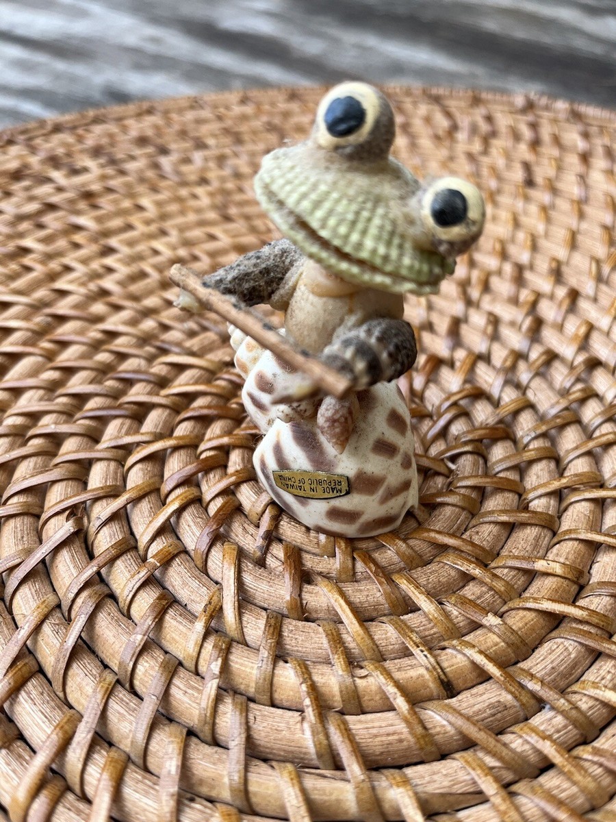 Vintage Sea Shell Art Frog Playing Flute Handmade Folk Art Beach