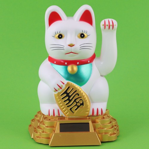 Glückskatze - Maneki-neko - Winkekatze Solar - runder Sockel - 15 cm - weiß - Picture 8 of 10
