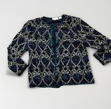 Vintage Laurence Kazar Silk Jacket XL Faux Pearls Beads Jewel Tones Glam Evening