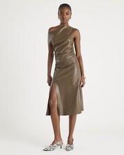 River Island Womens Midi Dress Brown Drape Shoulder Faux Leather Front Split