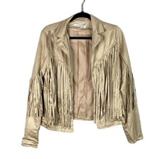 NUOVO! Cappotto giacca foderato stile aperto scamosciato morbido frange western M marrone chiaro