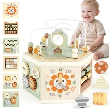 Joyreal Wooden Activity Cube - 11-in-1 Montessori Toys for 1+ Year Old Boys &...