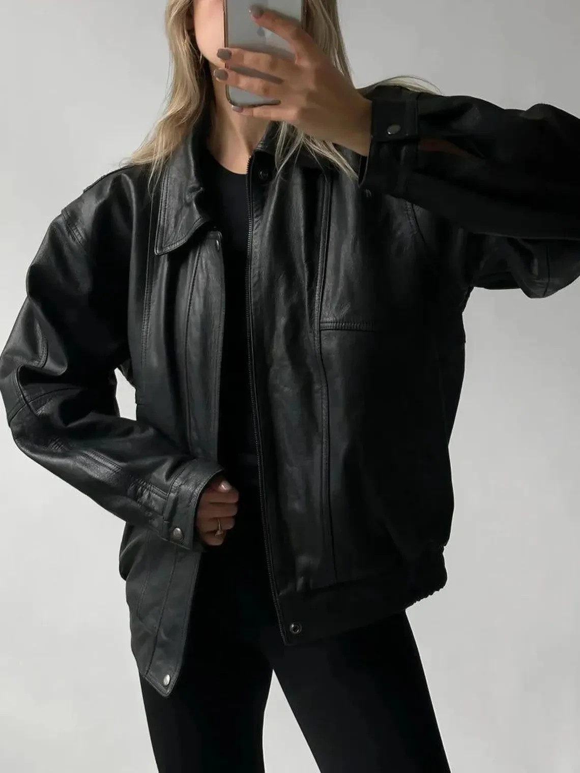 Vintage 80s Oversized Black Leather Bomber Jacket – Handmade Real Leather Street