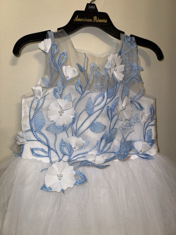 Vestido Niña Flor Azul con Tren, Vestido Niña Azul, Vestido Niña Flor Marfil Foto 2 de 4