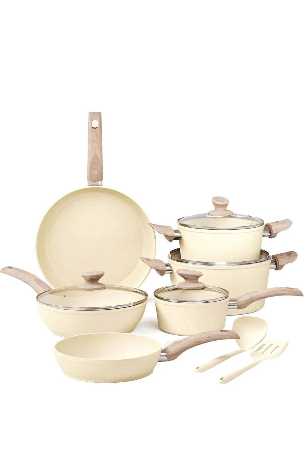 Kitchen Academy Induction Pots and Pans Set Non Stick - 12Pcs Beige Nonstick