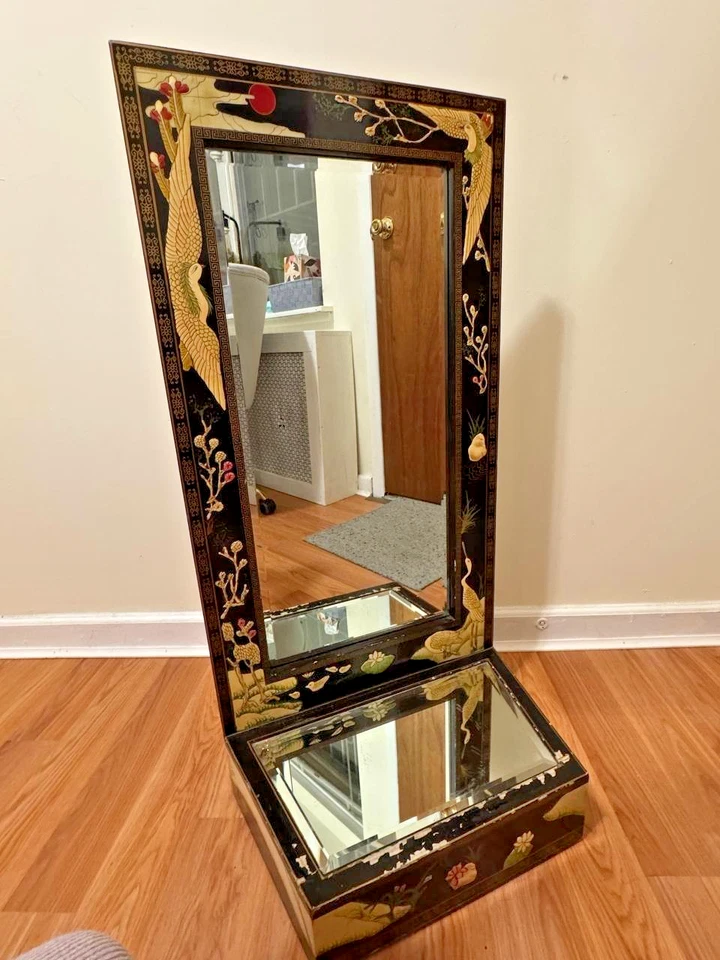 Espejo de pared Franklin Mint Chinoiserie 1970 vintage grúa pájaro certificado hecho a mano Foto 3 de 4