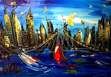 RED BOAT█ IMPRESSIONISM █PAINTING█MODER​N█ORIGINAL█CANVAS█ART█uniE5g