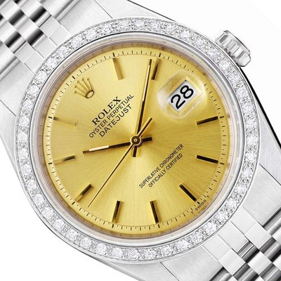 Rolex Datejust 1603 36mm Gold Dial 18K White Gold Diamond Bezel Jubilee