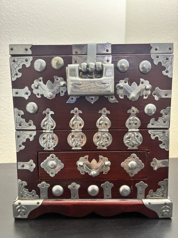 Korean Wooden Chest with Metal Hardware, Lock, Drawers – Antique Brown Silver