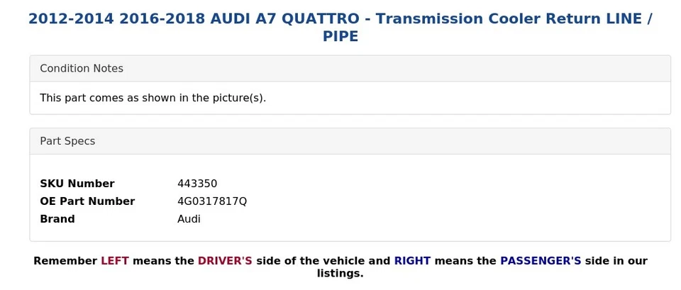 AUDI A7 QUATTRO 2012-2014 2016-2018 - Enfriador de transmisión línea de retorno/tubo Foto 3 de 4
