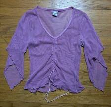 Vintage 90s Y2K Fishnet Top Size S/M Pink Ruffle Fairy Grunge Whimsigoth Cinched