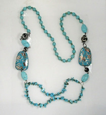Artisan Faux Turquoise Flower  Silver Plate Bead Bead 32" Strand Necklace
