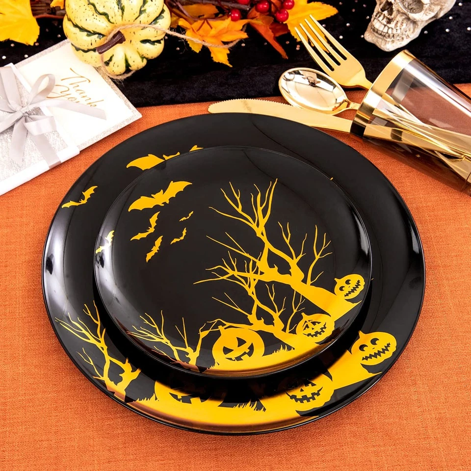 180pcs Halloween Black Plastic Dinnerware,Black and Gold Plates, Disposable P... - Image 3 of 4