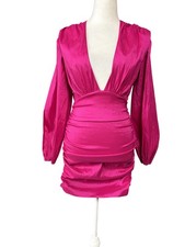 Lovers and Friends Womens Mini Bodycon Dress XS Pink Ruched V Neck Long Sleeve