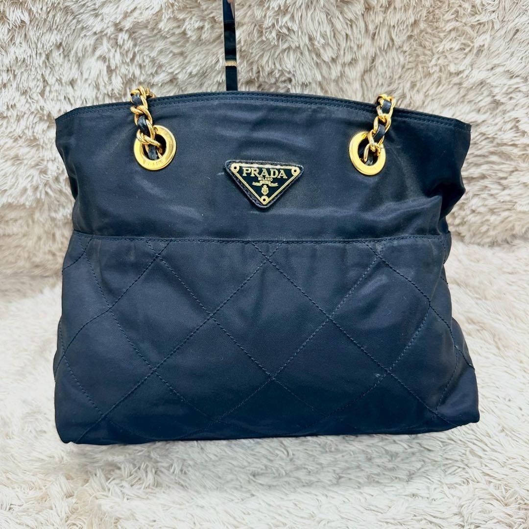 PRADA Chain Shoulder Bag Quilted Triangle Logo Navy thumbnail 2