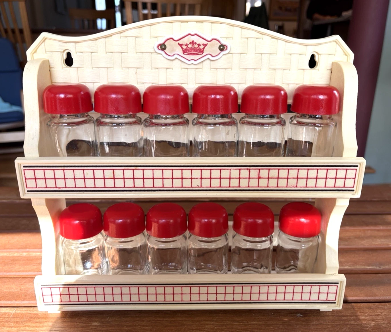 Vintage Ivory Plastic 2-Tiered Spice Rack w/ 12 Bottles w/ Red Lids, W Germany
