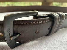 Columbia Sportswear Belt Men 44 Brown Leather Silver Signed Buckle Embossed Logo