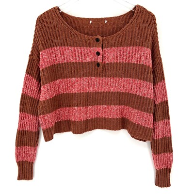 American Eagle Chunky Knit Striped Boxy Fit Henley Cropped