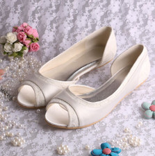 Peeptoe ivory white satin dorsay flat ballerina ballet bridal wedding shoes 7UK