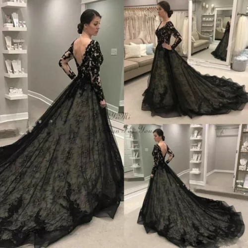 Black Wedding Dresses Bridal Gowns Long Sleeves Lace Applique V Neck Plus size - Picture 2 of 6