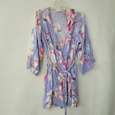 Yumi Kim Robe Womens M Purple Floral Rayon Short Kimono Dream Lover 3/4 Sleeve
