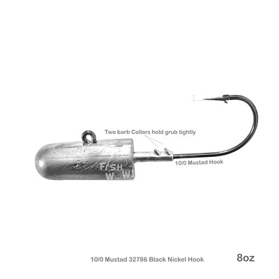 Fish WOW!® Fishing 8oz Bullet Jig Head w/ 10/0 MUSTAD Hook 32786